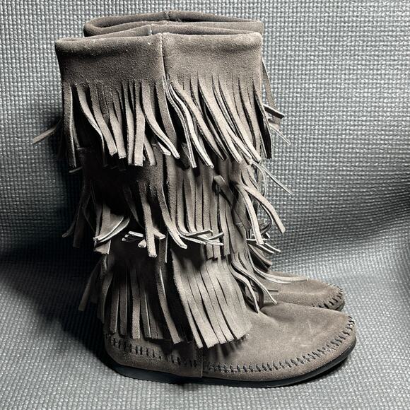 Minnetonka 3 Layer Fringe Calf High Boots Womens Size 6 Gray Suede Leather 1631T - Picture 5 of 10